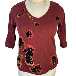 Lane Bryant Blouse Womens 14/16 Burgundy Floral Velvet Embossed V-Neck 3/4 Sleev